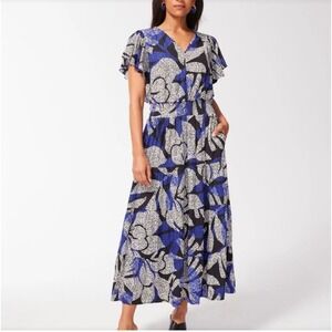 Chico's Black Blue White Blue Floral Print Maxi Dress with Pockets Size 3/ US 16